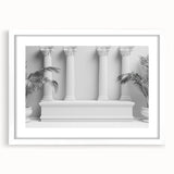 Abstract art print featuring white and grey geometric columns on a black background, framed with a white mat.