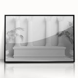 Large abstract wall art featuring mid-century modernist architecture with columns in muted earth tones on framed acrylic.