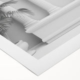Art deco poster featuring a monochrome sketch of architectural columns on rolled canvas.