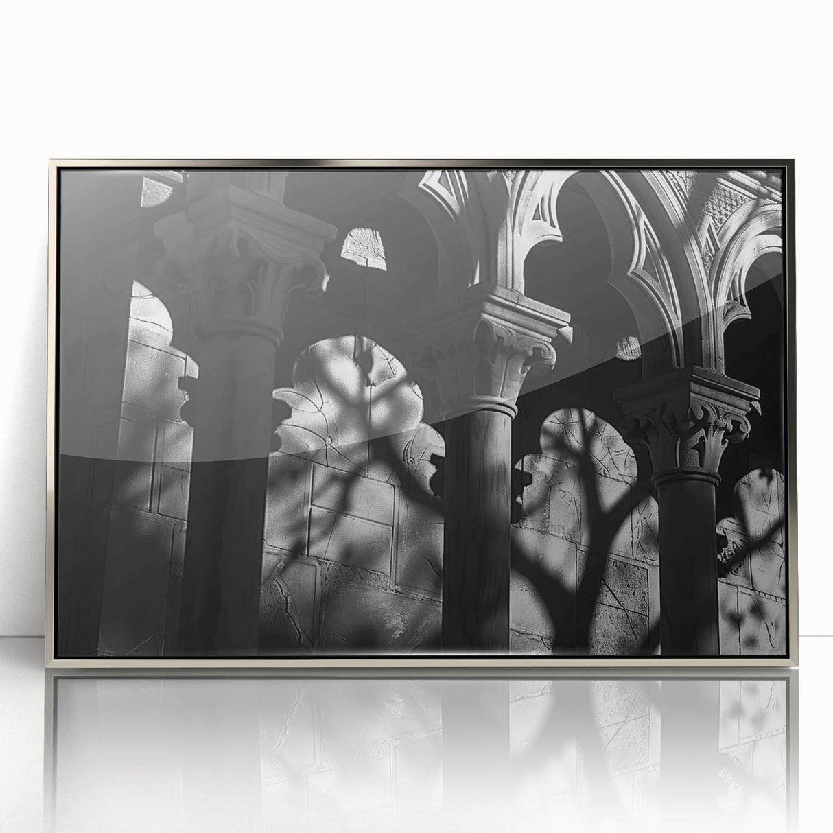Mid-century modernist art depicting silver columns, acrylic print framed in silver, suitable for modern art wall decor.