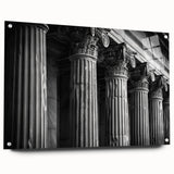 Side view of large abstract wall art featuring architectural columns in muted gray tones on acrylic glass.