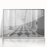 Art deco poster featuring symmetrical column architecture in muted gray, ideal for modern nursery wall art, acrylic framed.