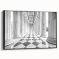 Black and white framed canvas of vintage architectural columns in a landscape format, ideal for bedroom wall art.