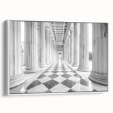 Vintage poster art featuring intricate column architecture in black and colorful accents on a framed canvas.