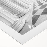 Art deco poster featuring a monochrome architectural column design on rolled canvas, suitable for dining room decor.