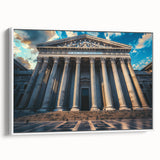 Vintage poster art of classical columns in black and colorful hues on extra large framed canvas.