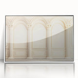 Art deco poster of white columns on a black background, framed in acrylic, suitable for nursery wall art.