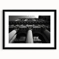 Extra large abstract art print featuring colorful, textured columns, in a black frame with mat, ideal for living room decor.