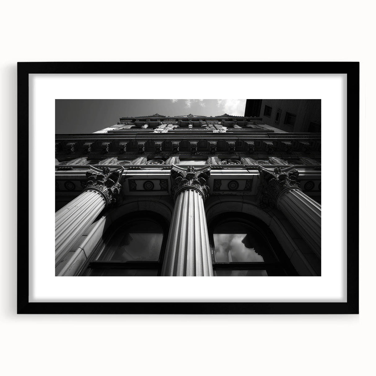 Extra large abstract art print featuring colorful, textured columns, in a black frame with mat, ideal for living room decor.