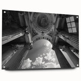 Large abstract wall art on acrylic glass featuring a geometric design of columns in muted gray.