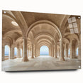 Acrylic print of large abstract wall art featuring a design of architectural columns in neutral tones.