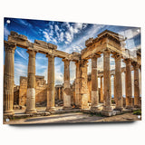 Large abstract wall art of architectural columns in muted gray tones on acrylic glass.