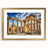 Extra large abstract art print featuring textured columns in muted earth tones, framed in gold, ideal for living room decor.