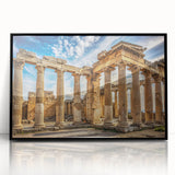 Large abstract wall art featuring mid-century modernist architecture columns in black and gray tones on a framed acrylic…