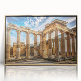 Large art print of mid-century modernist columns in gold and white tones, framed acrylic, ideal for modern art wall decor.