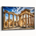 Black and white framed canvas featuring a vintage-style landscape with architectural columns, ideal for bedroom decor.