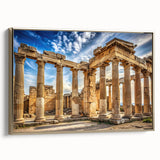 Framed canvas featuring a vintage poster art of architectural columns in black, ideal for bedroom wall decor.