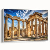 Vintage poster art of architectural columns in black and white on a framed canvas, ideal for living room decor.