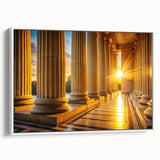 Vintage poster art of classical columns in black and white on framed canvas, suitable for living room decor.