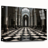 Acrylic print of large abstract wall art featuring columns in muted gray, ideal for modern bedroom or dining room decor.