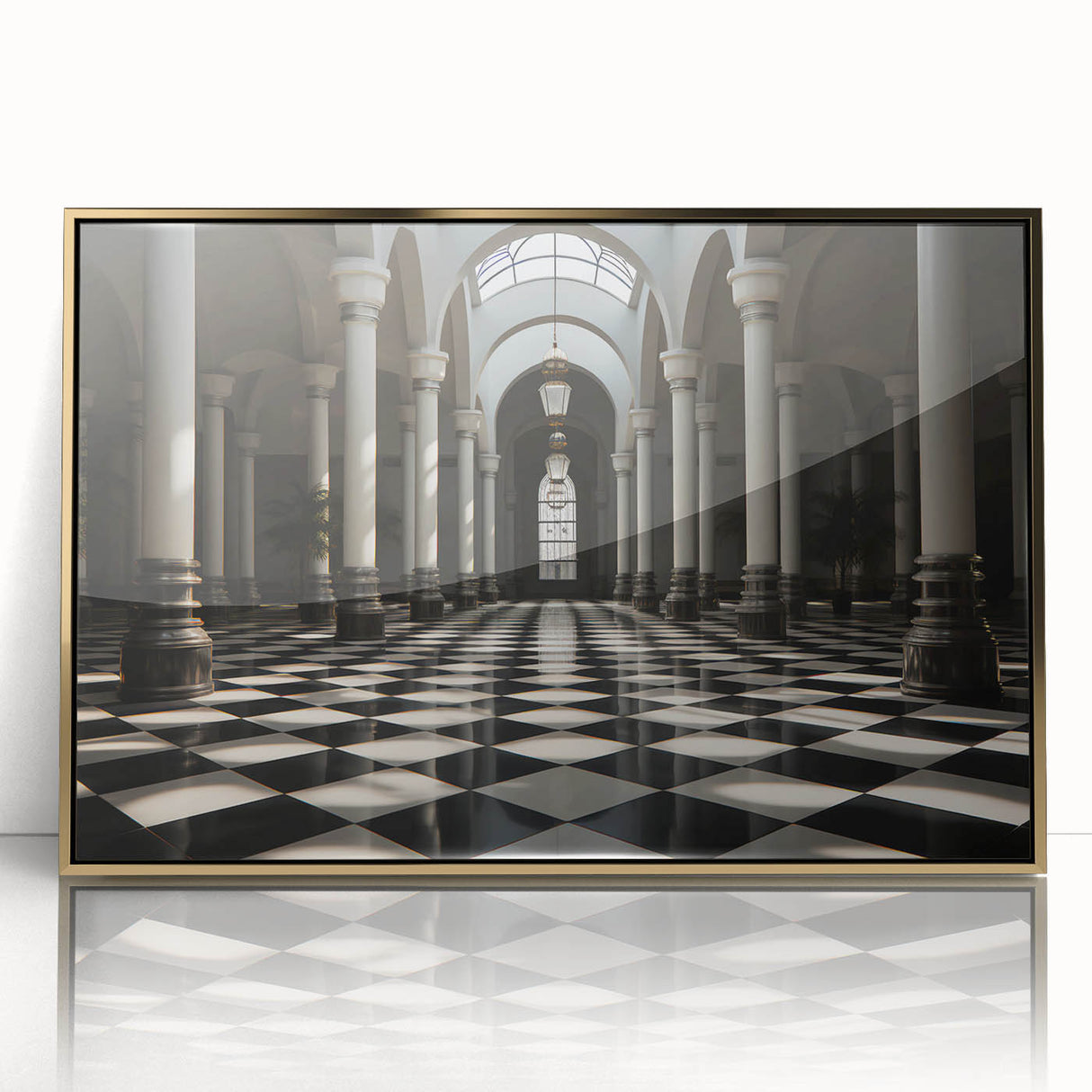 Mid-century modernist art print featuring golden columns on a framed acrylic, ideal for modern art wall decor.