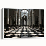 Vintage poster art of classical columns in black and vibrant hues on a large framed canvas, ideal for living room decor.