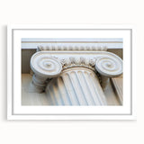 Abstract art prints featuring geometric column designs in muted gray, framed in white, ideal for dining room art.