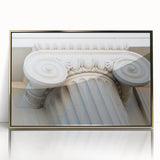Mid-century modernist large art print featuring gold architectural columns on framed acrylic.