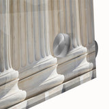 Close-up of a mid-century modernist large abstract wall art with architectural columns in muted earth tones.