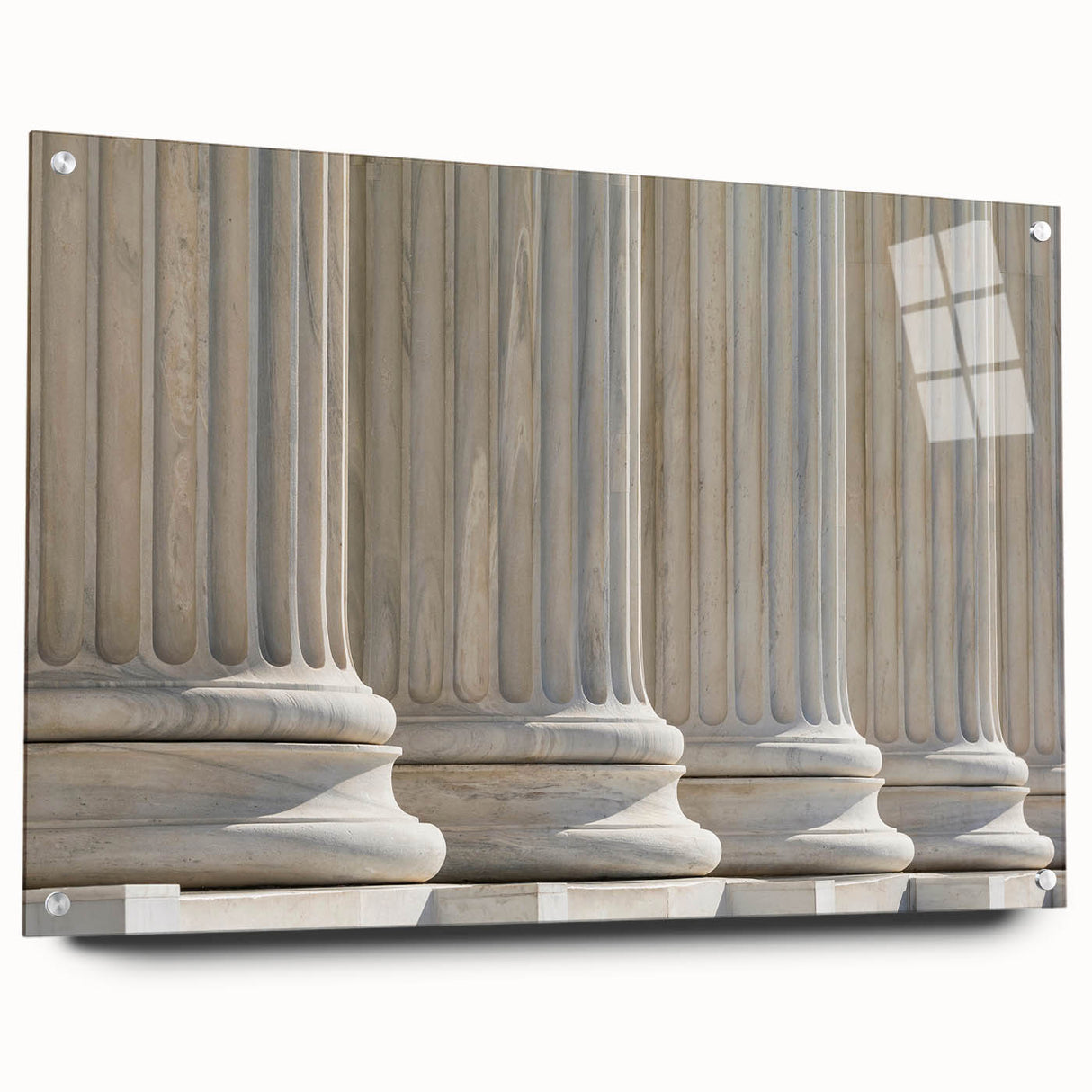 Large abstract wall art on acrylic glass showcasing a design of architectural columns in gray tones.