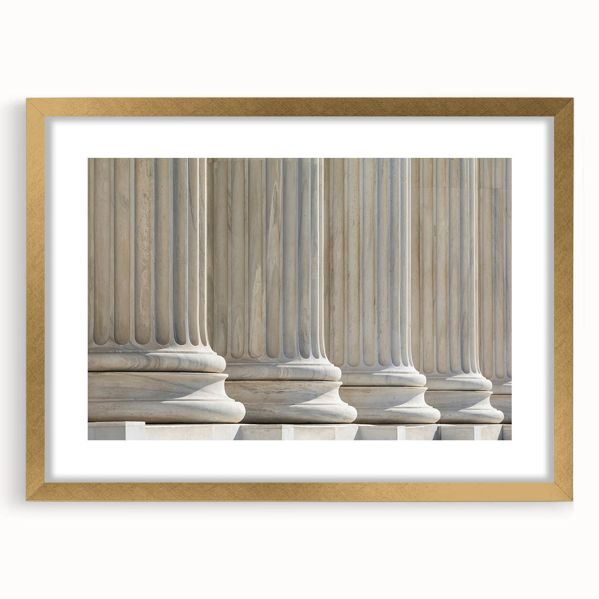 Extra large abstract art print featuring textured columns in muted gold and white, framed, ideal for living room decor.
