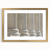 Extra large abstract art print featuring textured columns in muted gold and white, framed, ideal for living room decor.