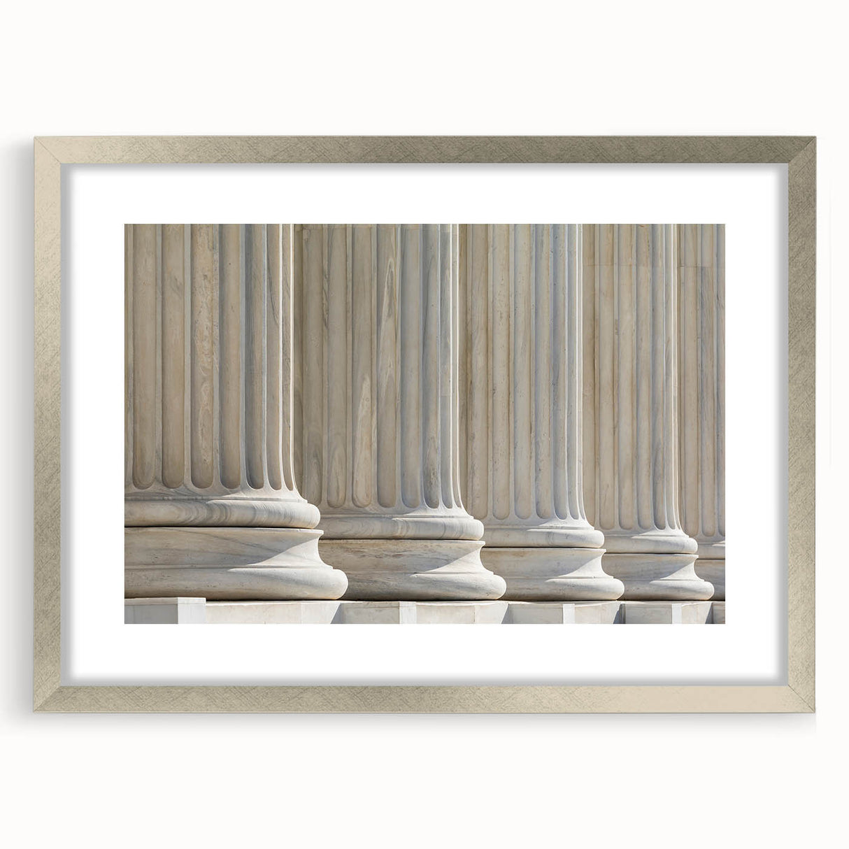 Textured art depicting abstract columns in muted gray, printed on framed canvas, suitable for bedroom decor.