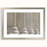 Textured art depicting abstract columns in muted gray, printed on framed canvas, suitable for bedroom decor.