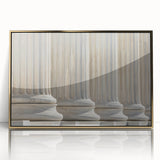 Mid-century modernist art featuring large columns in gold and white, acrylic framed print.