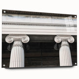 Acrylic print of large abstract wall art featuring architectural columns in muted gray.