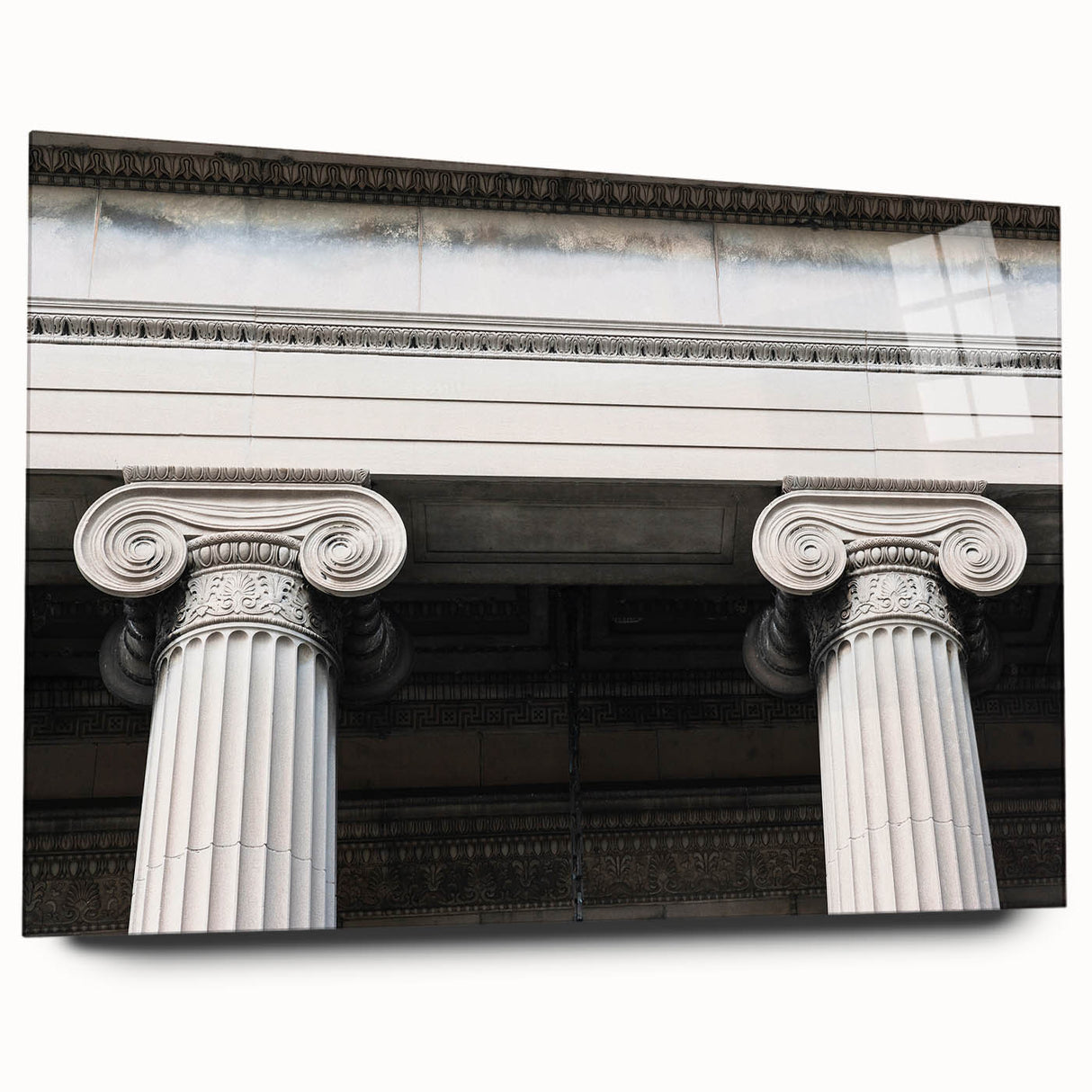 Large abstract wall art on acrylic glass depicting white columns, ideal for modern bedroom or dining room decor.