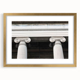 Extra large abstract art print depicting textured columns in muted gold and beige, framed, ideal for living room decor.