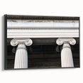 Black and white framed canvas featuring a vintage poster art design of architectural columns, ideal for bedroom wall decor.