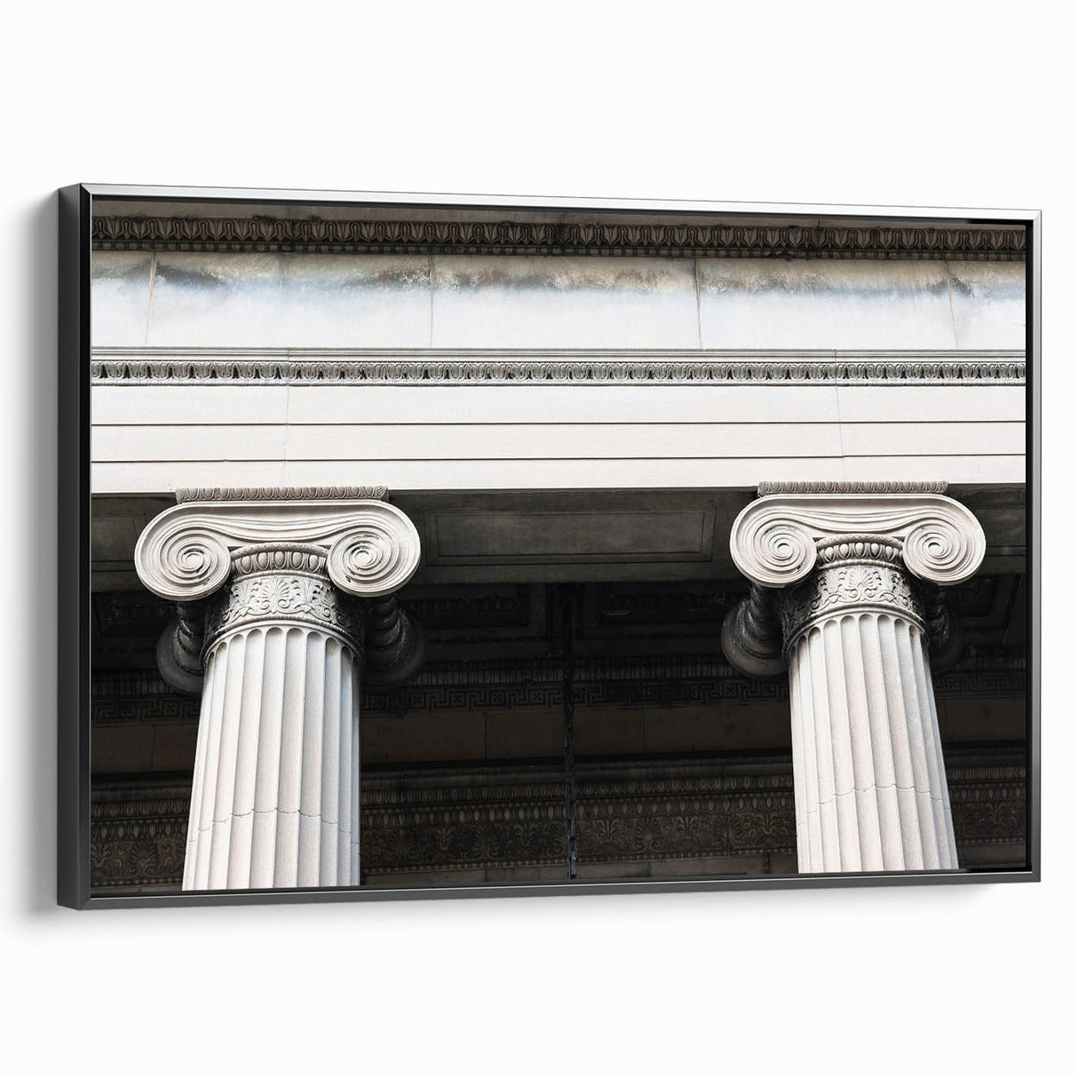 Black and white framed canvas featuring a vintage poster art design of architectural columns, ideal for bedroom wall decor.
