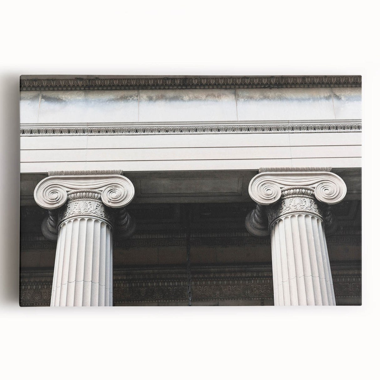 Black and white photo of classical columns on stretched canvas, suited for kitchen wall art.