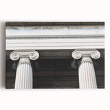 Black and white photo of classical columns on stretched canvas, suited for kitchen wall art.