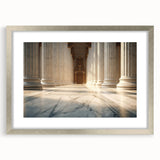 Textured art depicting abstract columns in muted gray and white, acrylic print framed in silver.