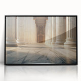 Large abstract wall art featuring geometric shapes in muted gray, framed in black acrylic.