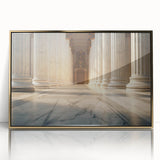 Large art print of classical columns in gold tones on acrylic, framed, in a mid-century modernist style.