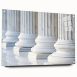 Large abstract wall art on acrylic, featuring vertical column designs in monochrome shades.