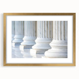 Extra large abstract art print featuring textured columns in muted gold and white, framed, ideal for living room decor.