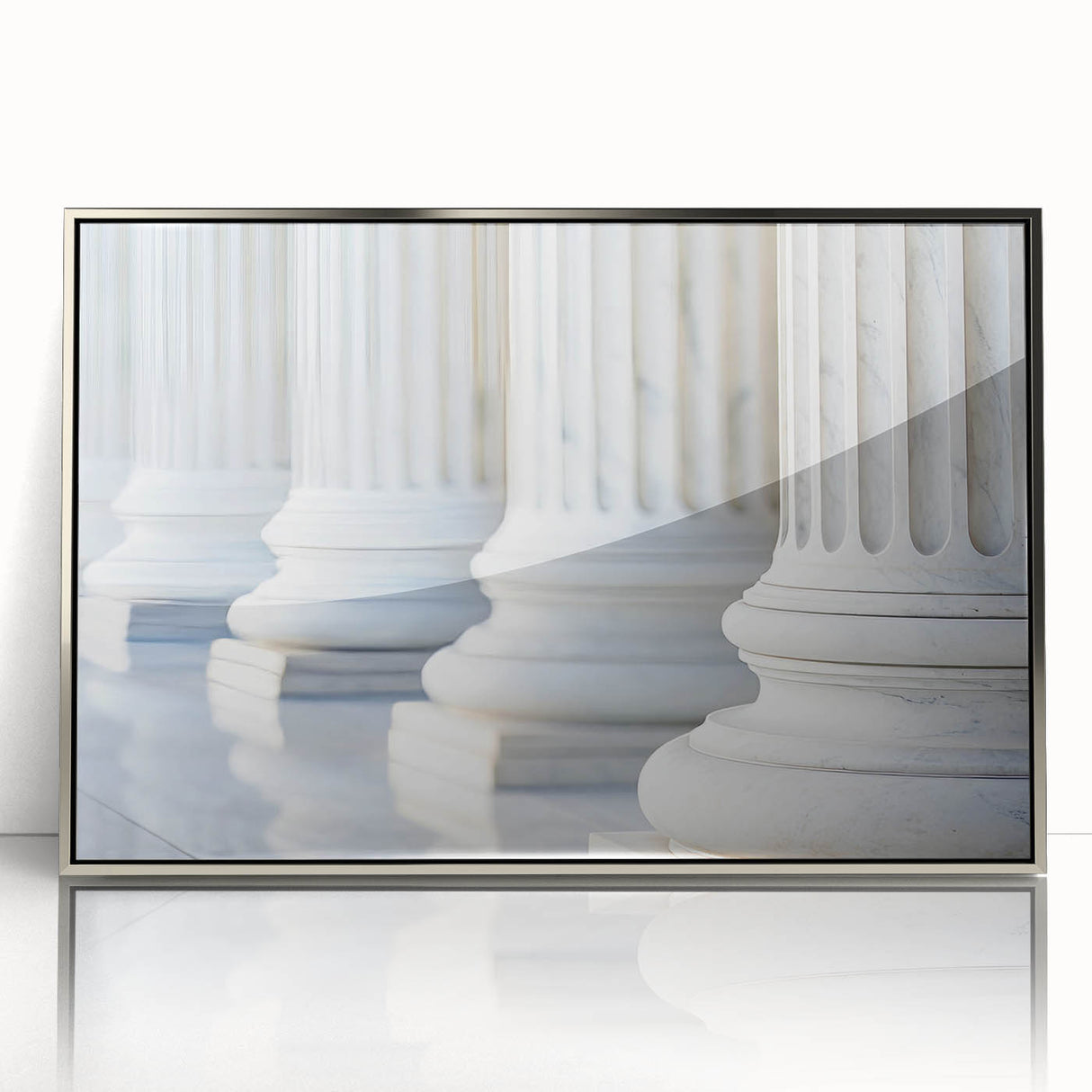 Mid-century modernist art featuring silver columns in an acrylic frame, suitable for nursery wall decor.