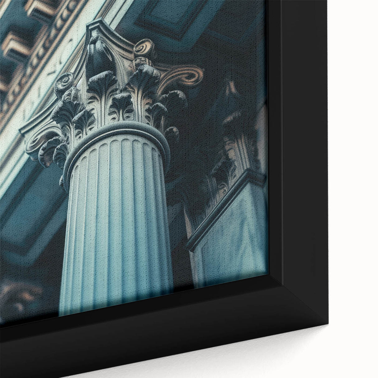 Close-up of a black wall art featuring textured columns in vibrant colors on a framed canvas, ideal for living room decor.