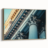 Framed canvas featuring a vintage poster art design of black architectural columns, suitable as wall art for bedroom.